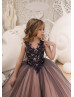 Navy Blue And Blush Lace Tulle Flower Girl Dress